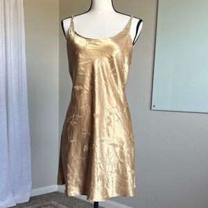 Inner Most Gold Satin Floral Jacquard Slip Dress Braided Strappy Cross Back M